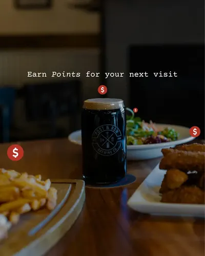 Rewards graphic: a pint and plates of food, ‘Earn points for your next visit’